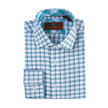 Woven Spread Collar Button-Up Shirt // White + Black + Teal (XS)