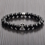 Onyx + Steel Bead Skull Stretch Bracelet // Black + Silver