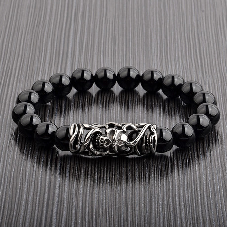 Polished Onyx + Stainless Steel Bead Bracelet // Black