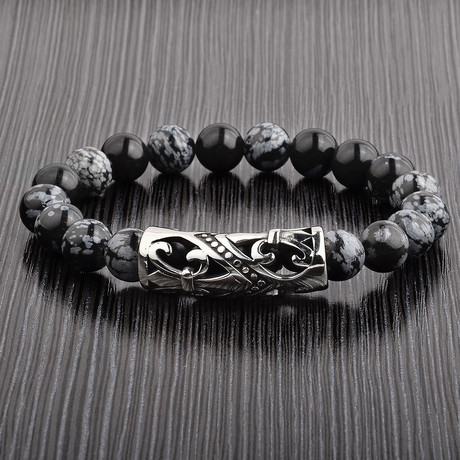 Polished Onyx + Snowflake Stainless Steel Bead Bracelet // Black + Gray