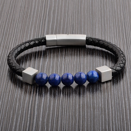Leather + Lapis Lazuli Stainless Steel Bracelet // Black + Blue