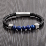 Leather + Lapis Lazuli Stainless Steel Bracelet // Black + Blue