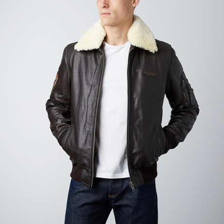 Aviator Sherpa Leather Jacket // Brown (S)