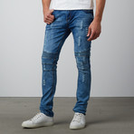 Knee Pleated Slim Straight Stretch Denim Pant // Light Blue (32WX32L)