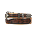 Floral Tooled Belt // Mahogany + Black (32)