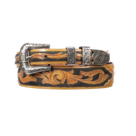 Floral Tooled Belt // Natural + Black (32)