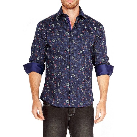 Flora Long-Sleeve Button-Up Floral Shirt // Navy (XS)