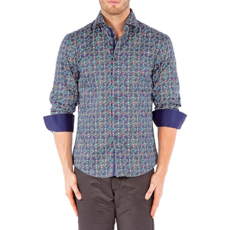 Long-Sleeve Button-Up Micro-Pattern Shirt // Blue (XS)