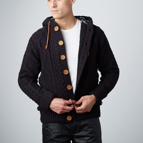 Button-Up Waffle Knit Hoodie // Black (S)