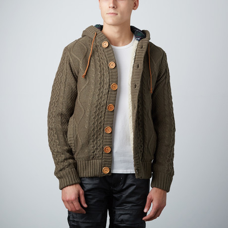 Button-Up Waffle Knit Hoodie // Olive (S)