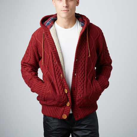Button-Up Waffle Knit Hoodie // Red (S)