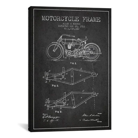 Allen A. Horton Motorcycle Frame Patent Sketch // Charcoal // Aged Pixel (18"W x 26"H x 0.75"D)