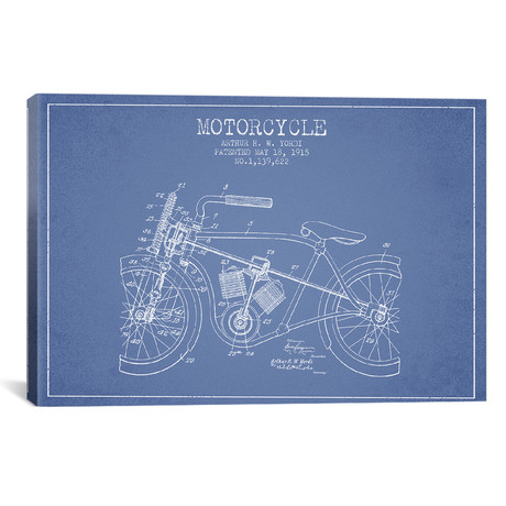 Arthur H.W. Yordi Motorcycle Patent Sketch // Blue (26"W x 18"H x 0.75"D)