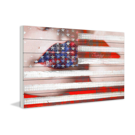 Patriotic Lips Painting Print on White Wood (18"W x 12"H x 1.5"D)