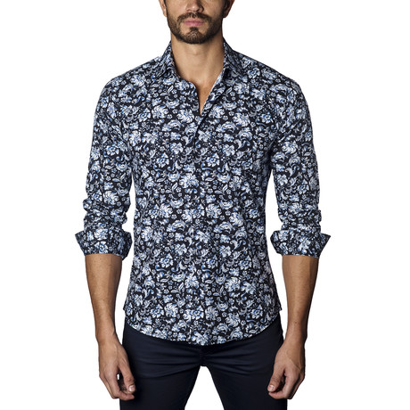 Floral Long Sleeve Shirt // Navy + White Floral Print (S)