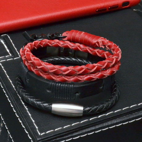 Red + Black Leather Bracelet Set // 3 Pack