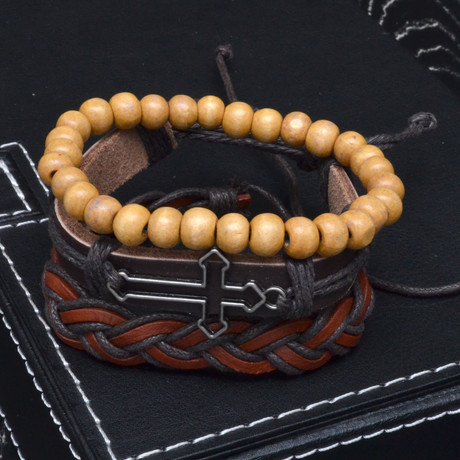 Cross + Leather Bracelet Set // 3 Pack