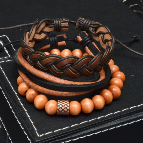 Wood + Leather Bracelet Set // 3 Pack