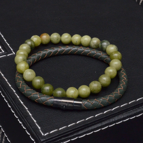 Jade + Leather Bracelet Set // 2 Pack