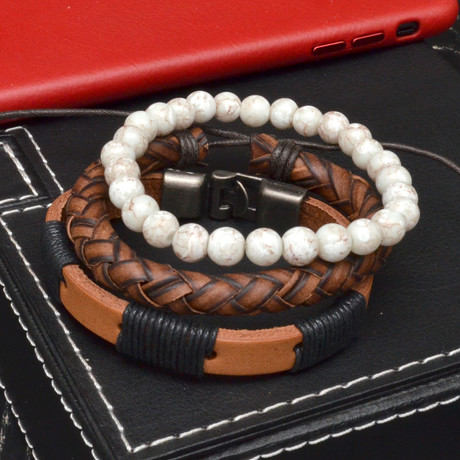 Brown Leather + Pearl Beads Bracelet Set // 3 Pack