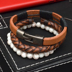 Brown Leather + Pearl Beads Bracelet Set // 3 Pack