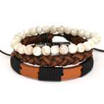 Brown Leather + Pearl Beads Bracelet Set // 3 Pack