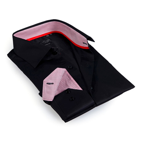 Textured Collar Solid Button-Up Shirt // Black + Red (S)