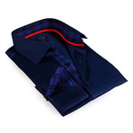 Gingham Plaid Collar Button-Up Shirt // Navy (2XL)