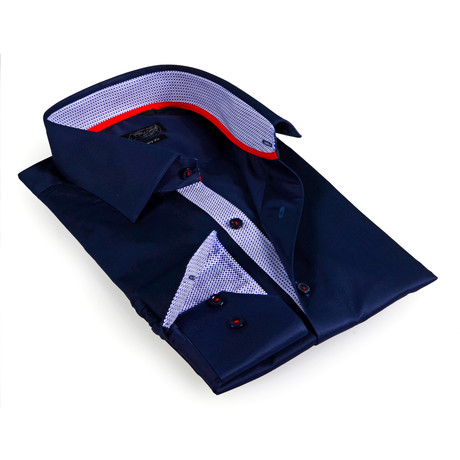 Textured Collar Solid Button-Up Shirt // Dark Navy (S)