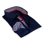Gingham Collar Solid Button-Up Shirt // Navy (S)