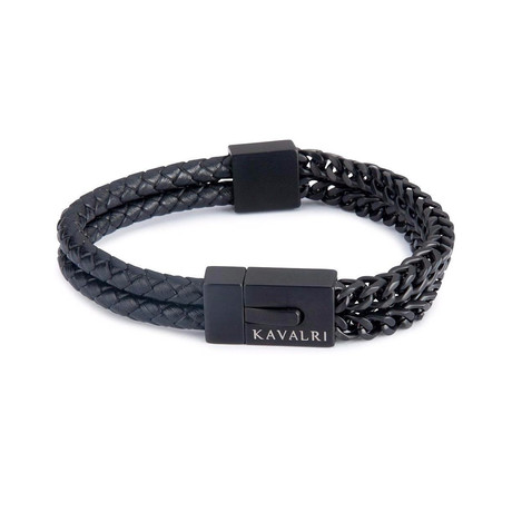 Double Armour Leather + Steel Bracelet // Matte Black (20.5 cm)