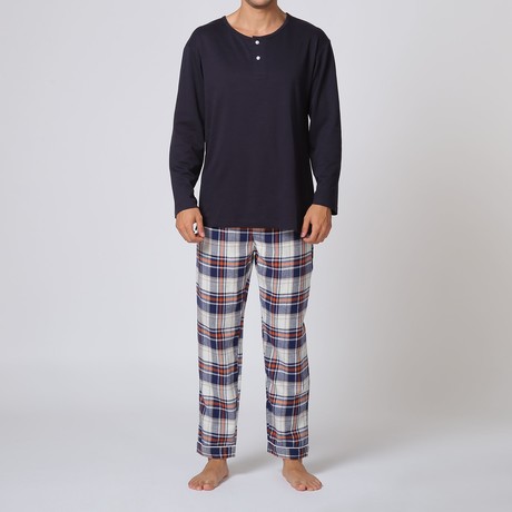Henley Pajama Set W/ Plaid Pant // Blue + White + Orange (S)