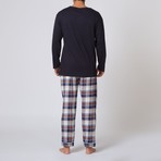 Henley Pajama Set W/ Plaid Pant // Blue + White + Orange (S)