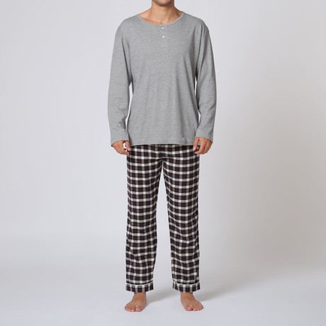Henley Pajama Set W/ Plaid Pant // Black + White + Grey (S)