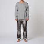 Henley Pajama Set W/ Plaid Pant // Black + White + Grey (M)