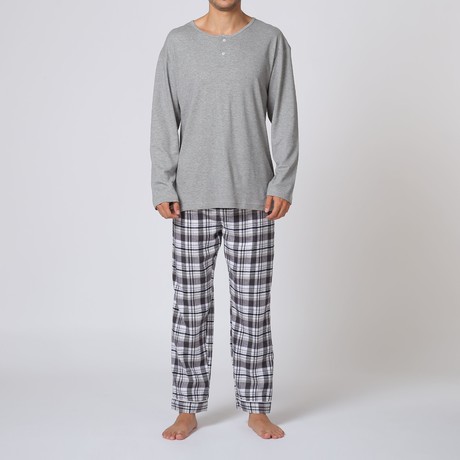 Henley Pajama Set W/ Plaid Pant // Grey + White (S)