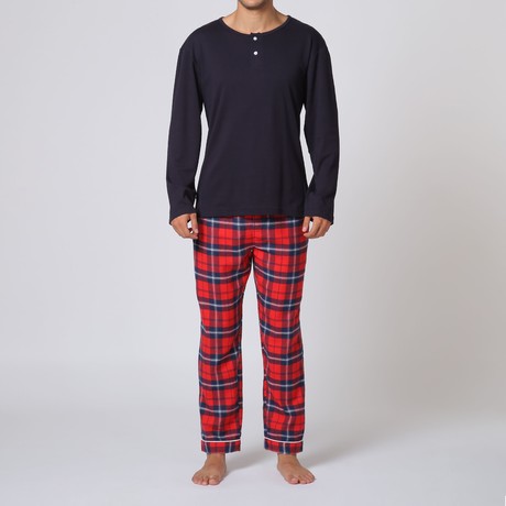 Henley Pajama Set W/ Plaid Pant // Red + Blue (S)