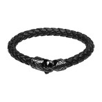 Black Leather Steel Metal Clasp Bracelet (Size 8)