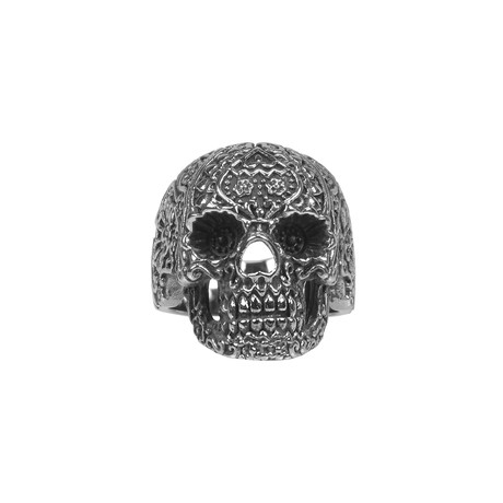 Steel Floral Skull Ring (Size 8)