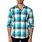 Long-Sleeve Button-Up // White + Turquoise Check (L)