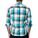 Long-Sleeve Button-Up // White + Turquoise Check (M)