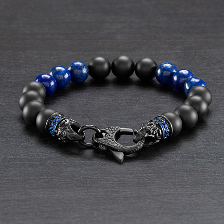 Black Matte Onyx + Lapis Lazuli Bead Stainless Steel Bracelet