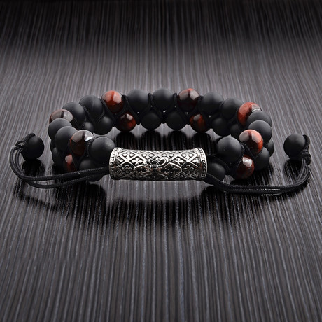 Red Tiger Eye + Black Onyx + Steel Double Layered Natural Stone Bead Bracelet