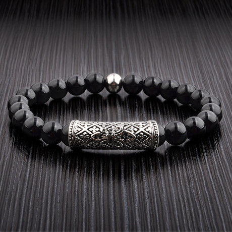 Black Onyx Stainless Steel CZ Fleur de Lis Bead Stretch Bracelet