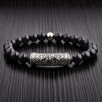 Black Onyx Stainless Steel CZ Fleur de Lis Bead Stretch Bracelet