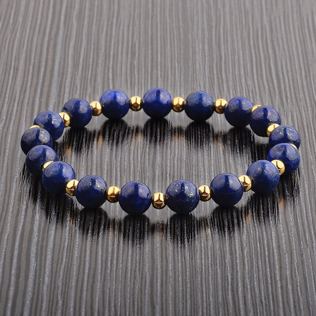 Gold IP Polished Stainless Steel Lapis Lazuli Stone Alternating Bead Stretch Bracelet