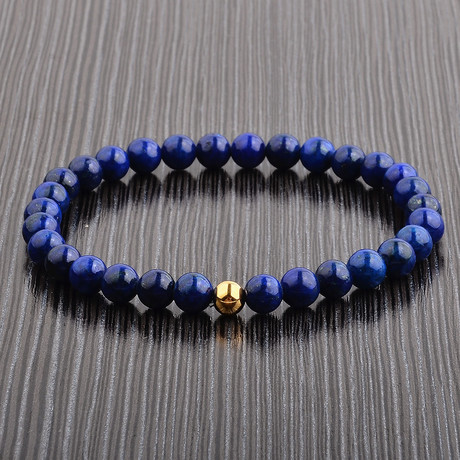 Gold IP Polished Stainless Steel Lapis Lazuli Stone Beaded Stretch Bracelet