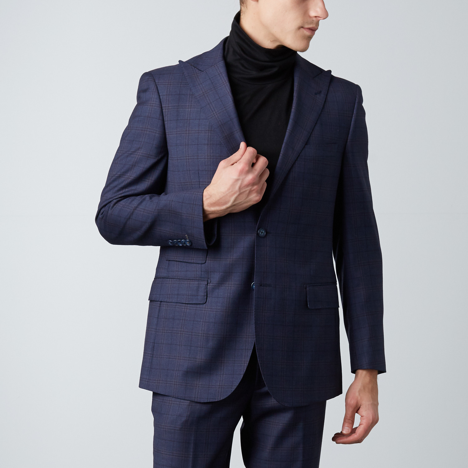 2 Button Peak Lapel Pick Stitch Wool Suit // Blue + Brown Tan Plaid (US ...