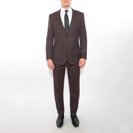 2 Button Plaid Notch Lapel Wool Suit // Burgundy Plaid (US: 36S)