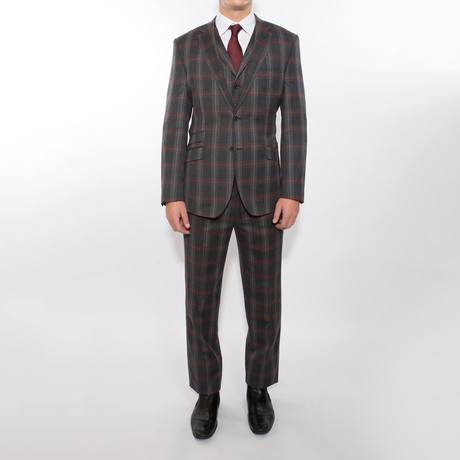 2 Button Madras Red Plaid Notch Lapel Vested Wool Suit // Medium Gray Plaid (US: 36S)